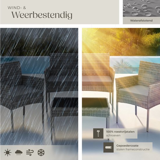 tectake® - Wicker tuinset Palese - Zitgroep voor 4 personen - Tuinmeubelset met loungebank, tuintafel en 2 tuinstoelen inclusief zitkussens - Tuinmeubelen - Waterafstotend - Grijs