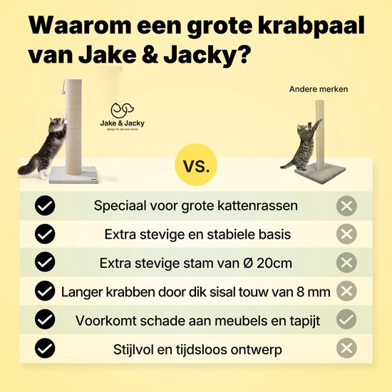 Jake and Jacky Krabpaal voor Grote Katten - Naturel/Crème - Met Speelballetje - 56x56x120 cm - Ø Sisal Krabpaal 20 cm