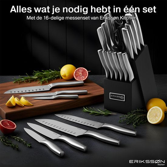 Erikssøn Kitchen Messenset - Messenblok - 16 Delig - Met Blok, Messenslijper En Schaar - Krasbestendig - 3Cr13 RVS - Zilver