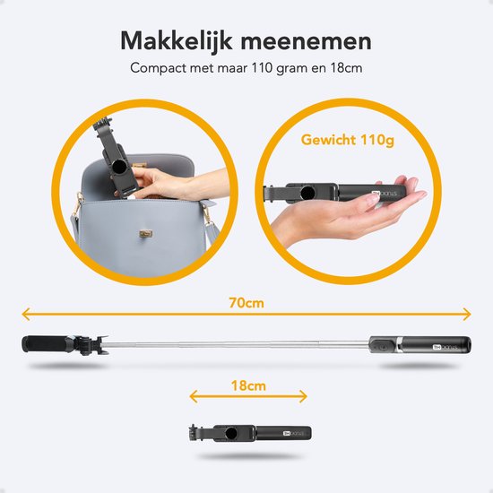 Studio ME Selfiestick Universeel - Statief - Geschikt voor Telefoon & Actiecamera - 100 cm - Selfie Stick - 360° Rotatie - Bluetooth Afstandsbediening - Telefoonhouder