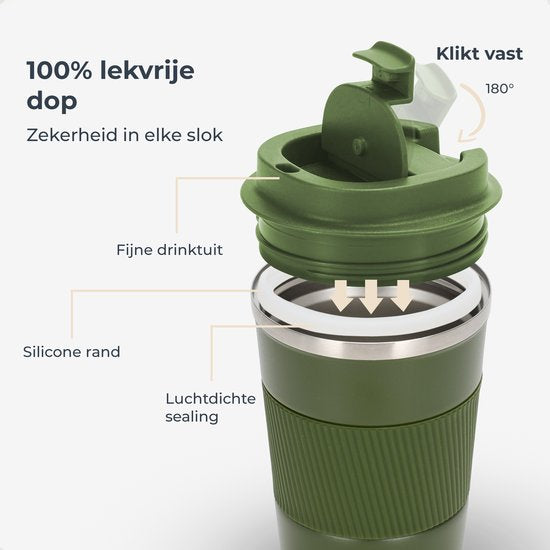 Castagnola Thermosbeker - Koffiebeker To Go - Reismok voor Koffie en Thee - Theebeker - 380 ML - RVS - Groen