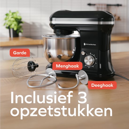 KitchenBrothers Keukenmachine - 1200W - Keukenrobot - 5L - Mixer met Mengkom - Keukenmixer - Zwart