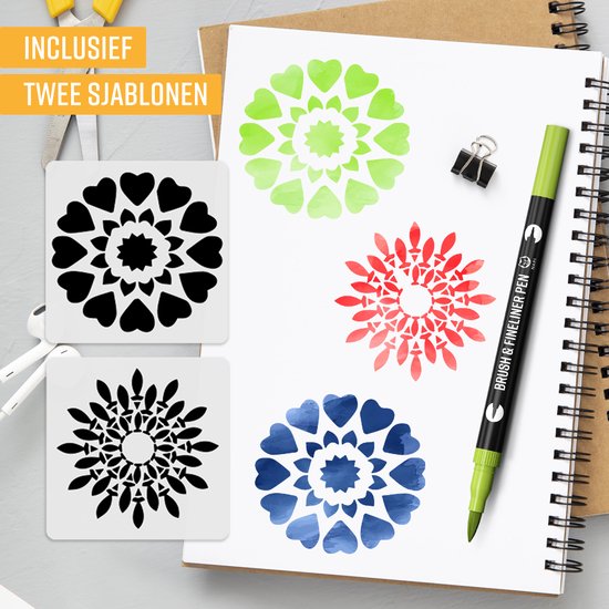 NAPI Twinmarkers - 24 Stiften voor Volwassenen - Dubbelzijdige Brushpennen - Fineliners Kleur - Viltstiften Handlettering - Bullet Journal Accessoires - Brush Pennen Aquarel - Markers Kinderen - Markeerstiften Incl. 2 Mandala Sjablonen