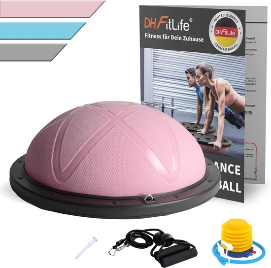 DH FitLife Balansbal, yoga balanstrainer, diameter van 60 x 22 cm, tot 200 kg belastbaar, halve gymnastiekbal, fitness balansboard,evenwichtsboard met pomp en 2 fitnessbanden
