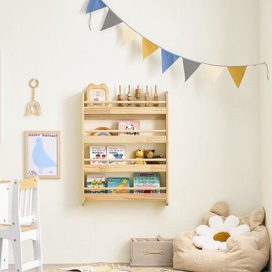 SoBuy KMB08-K-N Boekenkast voor kinderen, 4 niveaus, meubels, speelgoed, boekenkast, opbergkast, plank, slaapkamer, natuur, 60 x 12 x 80 cm