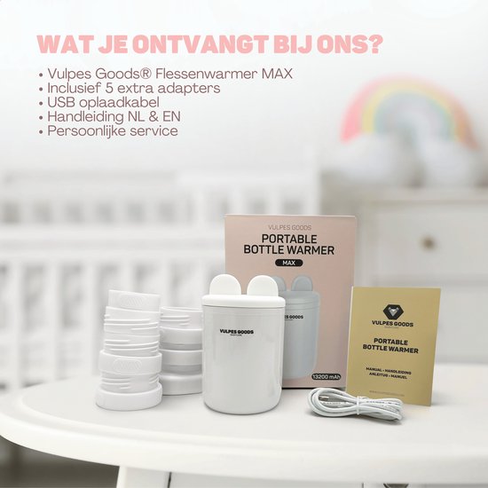 Vulpes Goods® BabyCare - Flessenwarmer Pro Max- Draagbare Baby Flessenwarmer voor Onderweg - Intelligente Flesverwarmer - 4 Temperatuurniveaus - Draadloos - Inclusief 6 Adapters - USB Oplaadbaar - 13.200 mAh - Wit