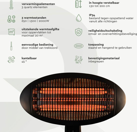 BRASQ Elektrische Terrasverwarmer Staand PHS100 - Heater 2000W - 3 warmtestanden - Verstelbaar - Spatwaterdicht - Voor binnen en buiten- Zwart