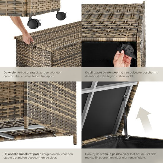 tectake® Wicker Opbergbox - 253 L - Kussenbox voor Buiten - Tuinbox - 116 x 54 x 64 cm - Weerbestendig en Afsluitbaar met Deksel - Verrijdbaar - Inclusief 2 Handgrepen, 2 Wielen met Rem en Gasveren - Tuinkist - Beige