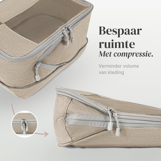 SC Travel Essentials Packing Cubes - 6-delige Set - Luxe Compressie Organizers van Hoogwaardig Nylon - Ruimtebesparend en Duurzaam - Ideaal voor Reizen - Beige