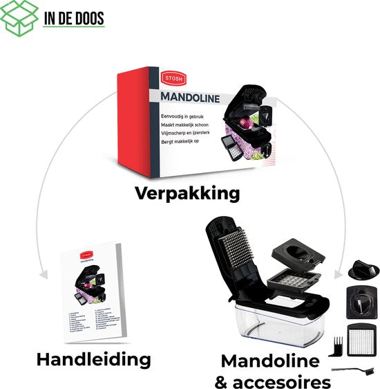 Stosh Mandoline - Groentesnijder - Uiensnijder - Spiraalsnijder - 4 Delig - Zwart - BPA vrij