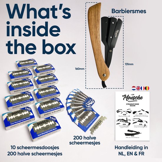 Barbiersmes met 200 Scheermesjes - Klassiek Open Scheermes - Barber Mes - Shavette - Straight Razor - Klapmes - Nekmes - Kappersmes