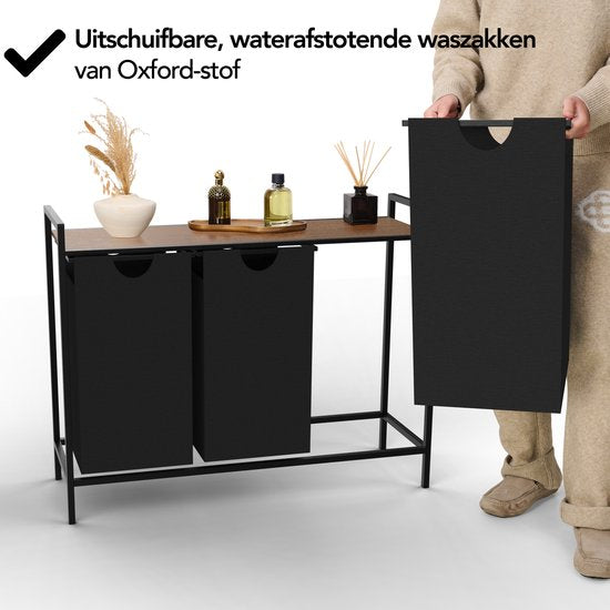Brixy Wasmand 3 Vakken - Wassorteerder - Uitschuifbaar - Wasbox Metaal - 117L Inhoud - 90 x 33 x 70 cm - Zwart/Bruin