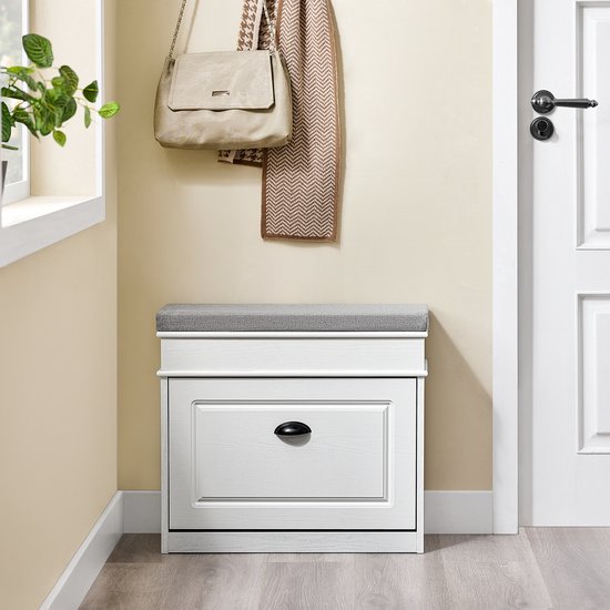 SoBuy FSR82-K-WG Schoenenkast entreebank – schoenenbank met toiletzitting en schoenenopbergkussen voor hal, woonkamer 61 x 24 x 51 cm, capaciteit 113 kg, wit antiek houteffect