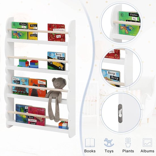 Woltu Kinder Wandboekenrek 98x60x14,5 cm Groen of Wit met Eikenlook – Montessori Opbergrek voor Kinderkamer