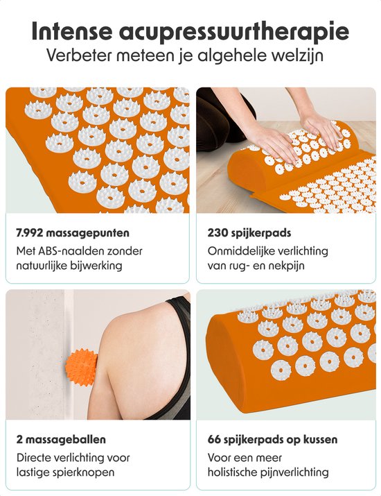 LifeGoods Acupressuur Mat met Kussen - Shakti mat - Spijkermat Incl. 2x Triggerpoint Bal - 66x40x2cm - Oranje/Wit