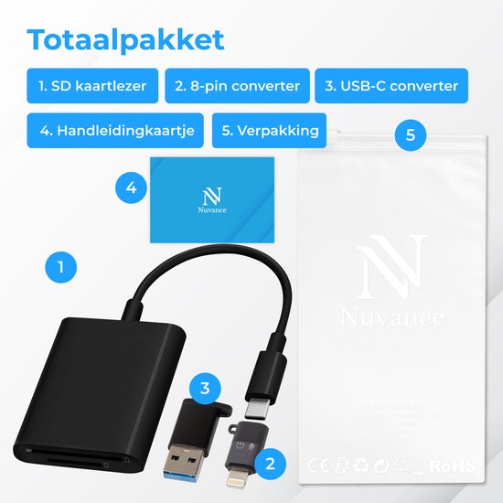 Nuvance SD Kaart Lezer - SD Kaartlezer USB C - Card Reader - Incl. Usb & 8-Pin Converters - Geheugenkaartlezer Micro SD - Zwart