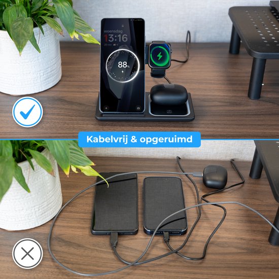 Nuvance Draadloze Oplader - 3 in 1 - 15W - Oplaadstation - Snellader - Draadloze Lader - voor Smartphone, Smartwatch & Oortjes
