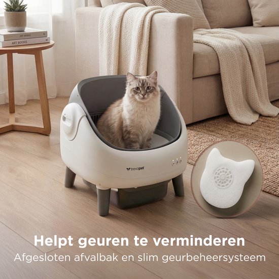 TrevoPet® Air - Automatische Kattenbak met App - Zelfreinigend & Veilig - Voor Katten tot 12KG - Incl. Mat, 60 Afvalzakjes & Accessoires - 10L Afvalbak - Wit & Grijs