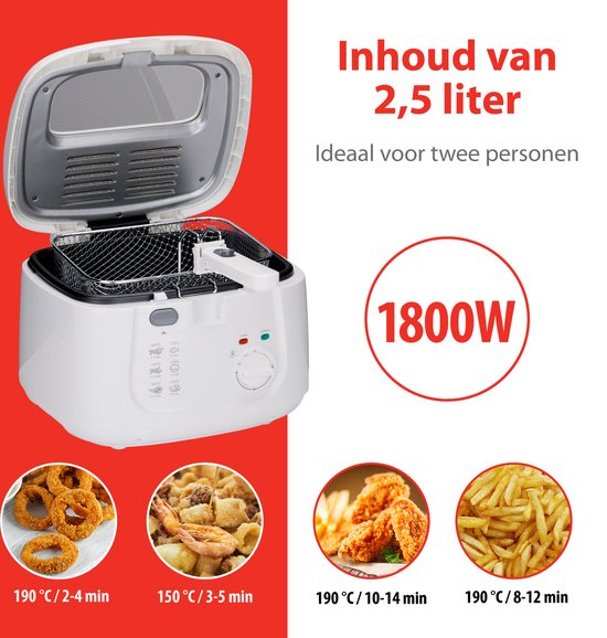 alpina Frituurpan 2.5 Liter - Friteuse met Deksel - 1800W - Wit - 31.10x29.40x21.20 cm