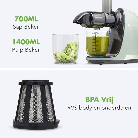KitchenBrothers Slowjuicer - Juicer - Groenten en Fruitpers - 700ml - Met Pulpreservoir - Juice Maker - Moederdag Cadeautje - Pastel Groen