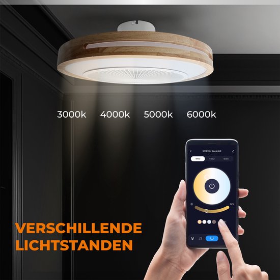 WERYOU® illuminAIR Plafondventilator - Plafonniere - Plafondventilator met verlichting - Plafonniere - Ventilator lamp - RGB Ledlamp - Incl Afstandsbediening - Hout Design