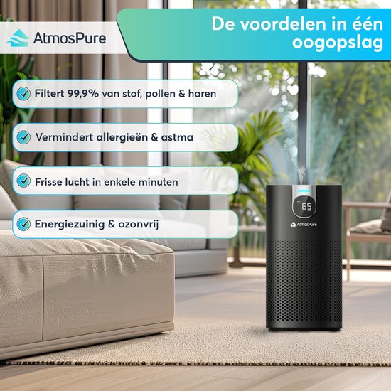 AtmosPure® CleanAir Luchtreiniger - Air Purifier met vervangbaar HEPA 13 + Koolstoffilter - CADR 250 m³/h - Zwart - Voor 98 m² - Werkt tegen huisstofmijt, hooikoorts, allergie, -3 standen + stille slaapstand - Luchtkwaliteit Sensor