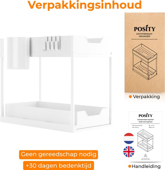 Posity Gootsteenkast Organizer - Keukenkastje Organizer - Schuiflade - Kast Organizer - Badkamer Organizer - Aanrecht Organiser - 2 Uitschuifbare Lades - Wit