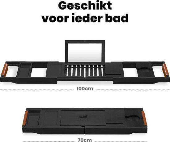 RelaxTub® Badplank - Badplank voor in Bad - Badrek - Verstelbaar - Anti Slip - Badplank Zwart - Badplank Hout - Badrekje inclusief Boekenhouder, Tablethouder & Spiegel