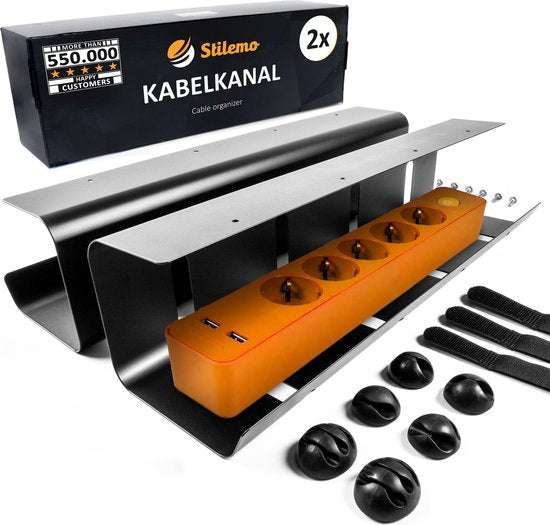 Stilemo Kabelgoot Bureau 2 Delig - Cable Management - Kabelhouder 43 CM - Kabelbox - Kabel Organiser 5 KG Draagkracht - Opberbox Stekkerdoos - Zwart - Incl. Accessoires