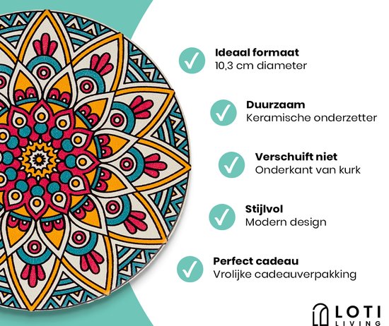 Loti Living Onderzetters met Houder – Onderzetters Design - Onderzetters Kurk – Onderzetters set - Onderzetters Voor Glazen – 6 stuks – Mandala Design