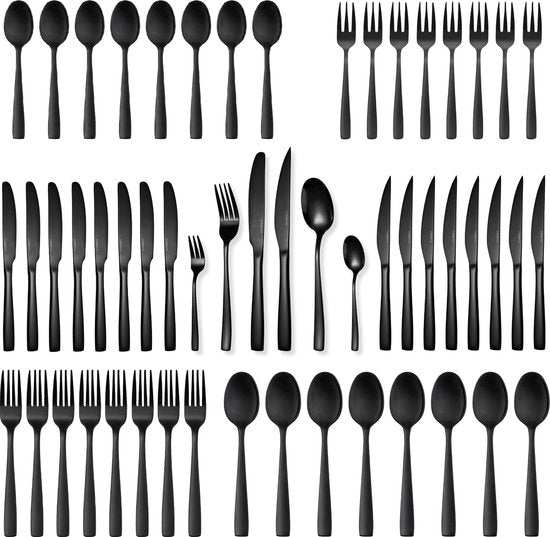 Deleca 12 Persoons Bestekset Essential (72-delig) - Lepels, Messen, Vorken, Steakmessen & Gebaksvorkjes - Vaatwasserbestendig Bestek - Glanzend Zwart / Edelstaal