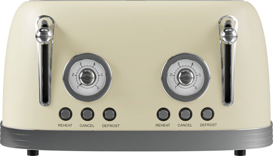 KitchenBrothers Retro Broodrooster - Toaster - 6 Warmteniveaus - 4 Extra Brede Sleuven - 815W - Beige