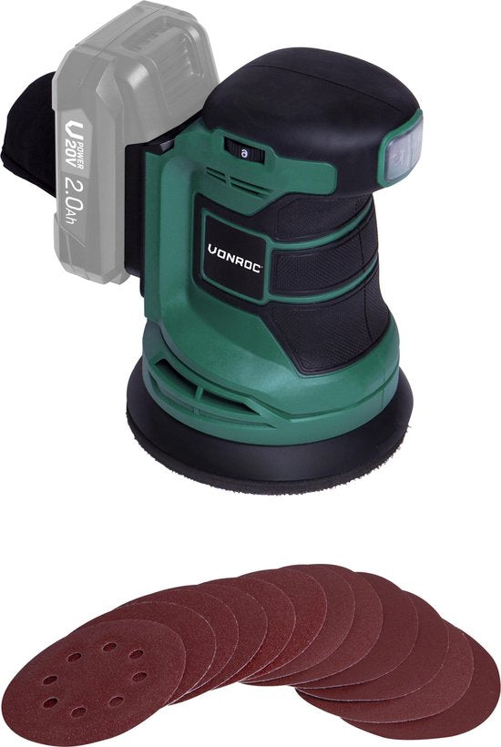 VONROC Excentrische schuurmachine – VPower 20V - Zonder accu & lader - Ø125mm - Met stofzak & 12 stuks schuurpapier