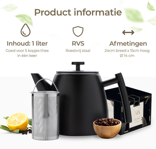 Vaja® Theepot Juliette Zwart - Theepot - Theepot met filter - Theekan - Theepot Dubbelwandig - RVS Theekan - 1 Liter