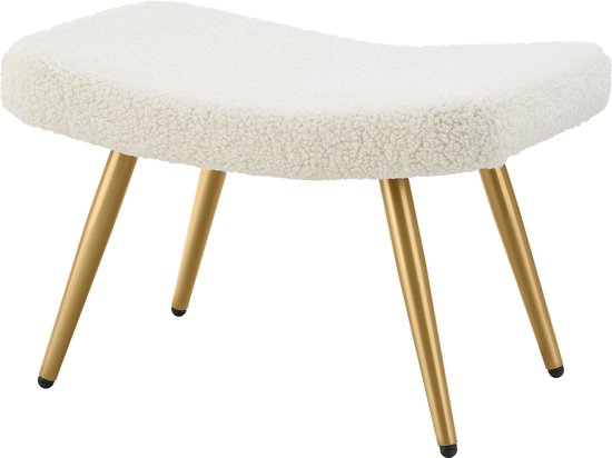 tectake® Oorfauteuil in Scandinavische stijl - Met hocker - Teddystoel Hygge - Stoel voor woonkamer, slaapkamer - Loungefauteuil - Goud metalen poten - Draagvermogen tot 150 kg - Crème