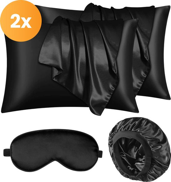 Satijnen kussensloop set - 50x70 - Incl. bonnet en slaapmasker - Zwart - Satijn - Zijden - Beauty - Silk - Zachte - Satin - Moerbij zijden
