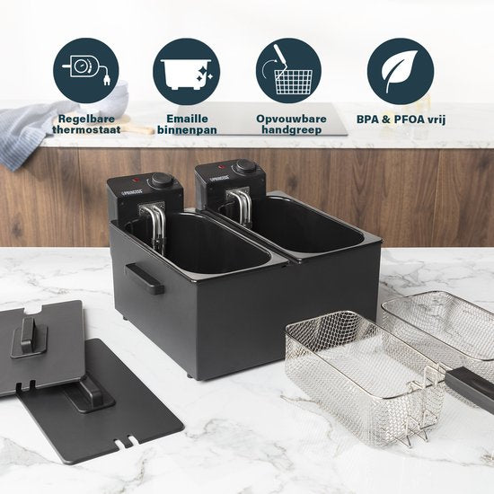 Princess Dubbele Frituurpan 183028 – Inhoud 2 x 3 liter - Koude Zone – 3600W - 2x regelbare thermostaat - Zwart