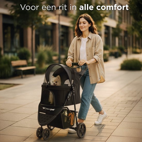 TrevoPet® Inklapbare Hondenbuggy - Voor Kleine en Middelgrote Honden tot 15 kg - Waterafstotend met Bekerhouder, Opbergmand - Zwart