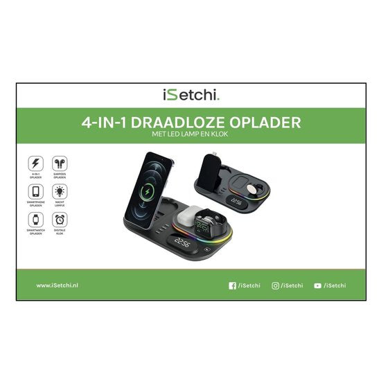 iSetchi Draadloze Qi Oplader 15 Watt Snellader (4-in-1) - Met Quick Charge 3.0 adapter, LED Klok & LED Lamp - Qi Oplaadstation
