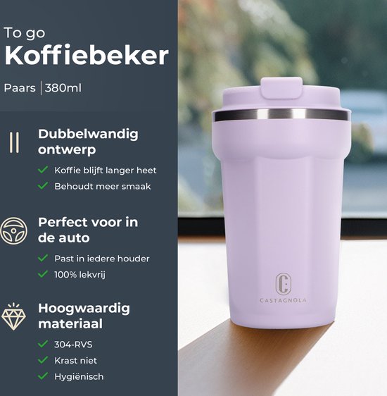 Castagnola Thermosbeker - Koffiebeker To Go - Travel Mug voor Koffie en Thee - Theebeker - 380 ML - RVS - Lichtpaars - Octagon