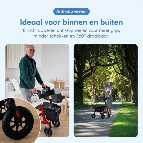 Safe Life® Rollator lichtgewicht en opvouwbaar - zitfunctie - voor binnen en buiten - Rugleuning en wandelstok houder - Rood