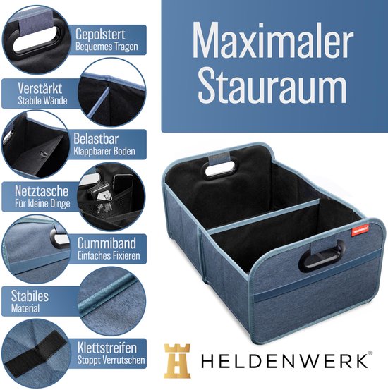 HELDENWERK Opvouwbare kofferbaktas met antislip klittenband - kofferbak organizer, auto vouwbox, boodschappentas - versterkt en stabiel