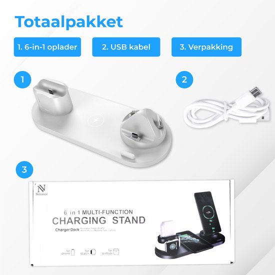 Nuvance - 6 in 1 Draadloze Oplader - Geschikt voor alle Qi Apparaten - Wireless Charger - Draadloze Opladers