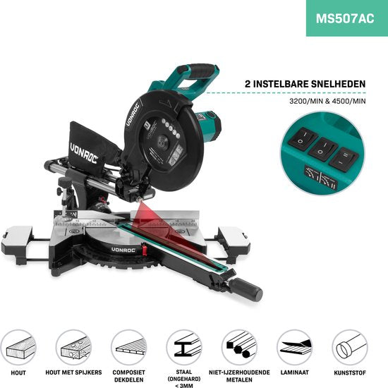 VONROC PRO afkortzaag - kapzaag - verstekzaag – 2200W - Ø255mm – Zaagt hout, kunststof en metaal – Instelbare snelheid – Zaagcapaciteit 340mm –Verstelbare tafelverbreders – Trekfunctie – Kantelbaar – Lengtestop - Incl. zaagblad, laser & LED