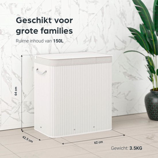 Organess wasmand 3 vakken - Wassorteerder - Wasmand met deksel - Opvouwbaar - 150L - Witte bamboe