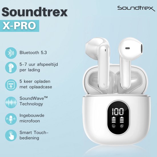 Soundtrex X-Pro Draadloze oordopjes - Bluetooth Oordopjes - Oortjes draadloos - Earpods - LED Display - Bluetooth 5.3 - Wit
