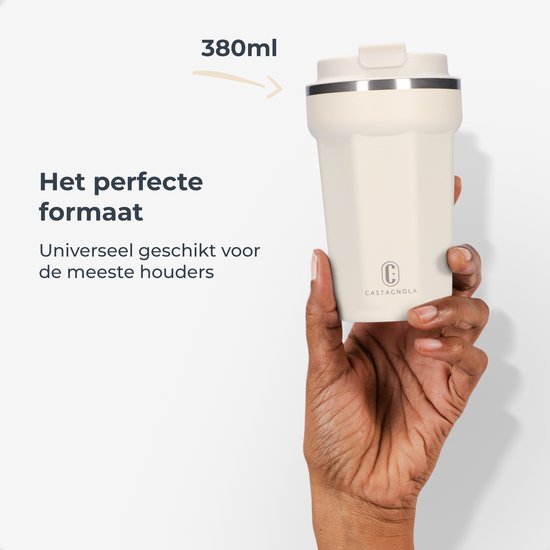 Castagnola Thermosbeker - Koffiebeker To Go - Travel Mug voor Koffie en Thee - Theebeker - 380 ML - RVS - Offwhite - Octagon