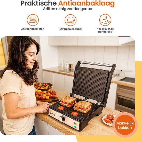 Goliving Tosti Apparaat XL - Contactgrill - Tosti Ijzer - 29 x 23 cm - Panini Grill - Compact - Instelbare temperatuur - Zwart