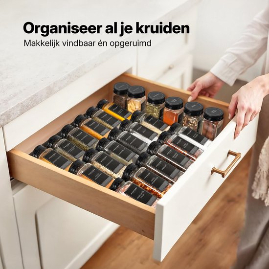 S.oud 36 Glazen Kruidenpotjes Vierkant met Deksel en Stickers - Kruidenstrooier - Kruidenglasjes - Complete set met 2 Soorten Strooideksels, Voorbedrukte Stickers en Trechter - 120 mL