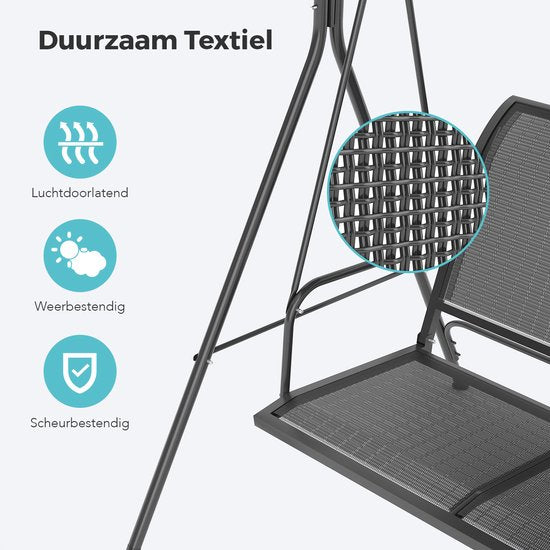 LifeGoods Schommelbank - 3-zits - tot 250KG - Kantelbaar Dak - UV-bestendig Zonnescherm - 172x104x162cm - Grijs